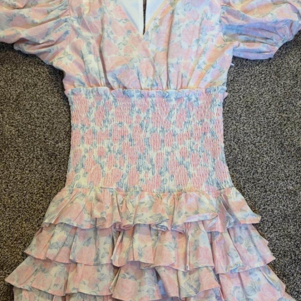 MARBLE Pastel Pink & Light Blue Tiered Ruffle Mini Dress